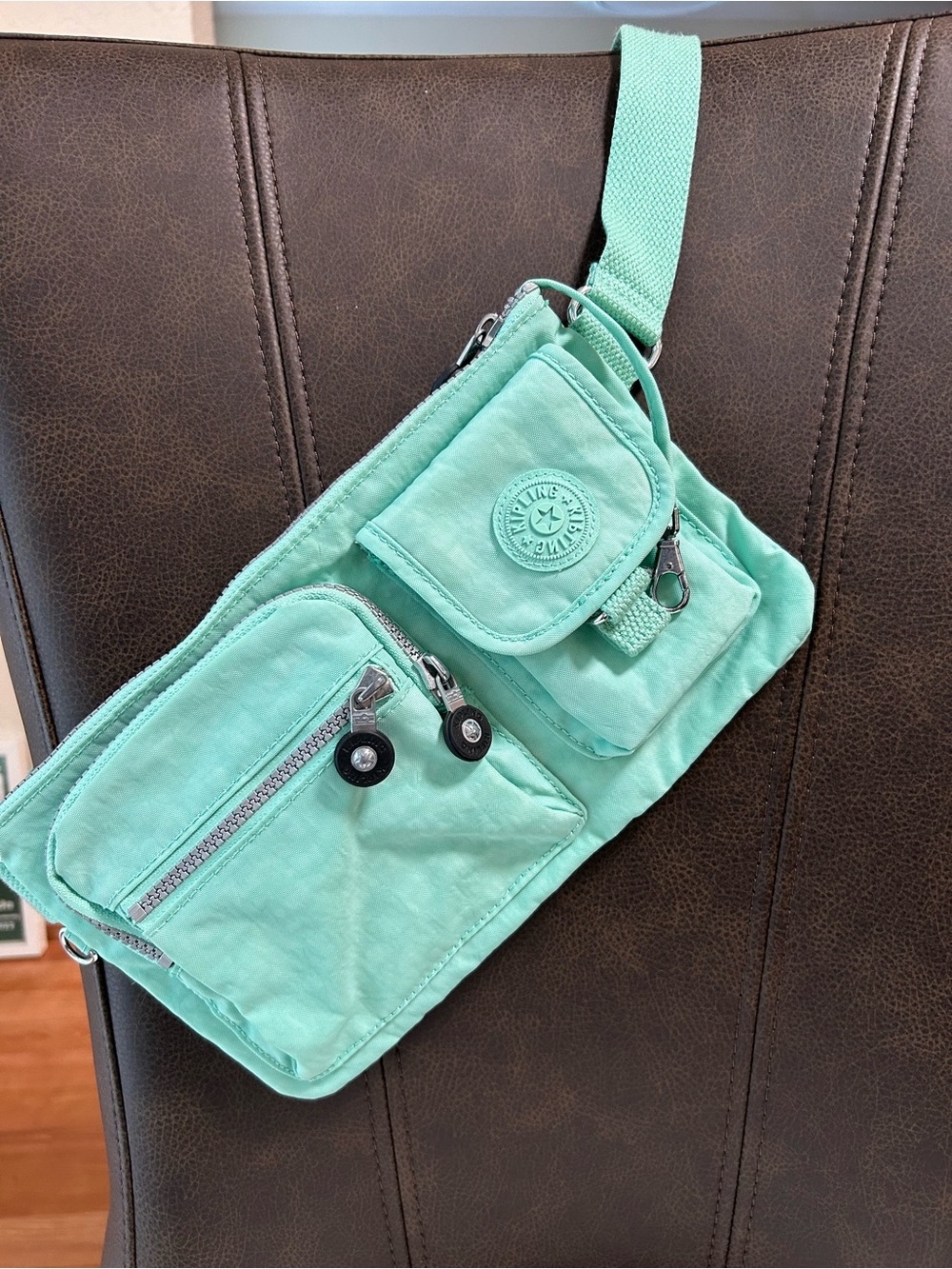 Kipling Mint Green Multi-Pocket Crossbody Belt Bag